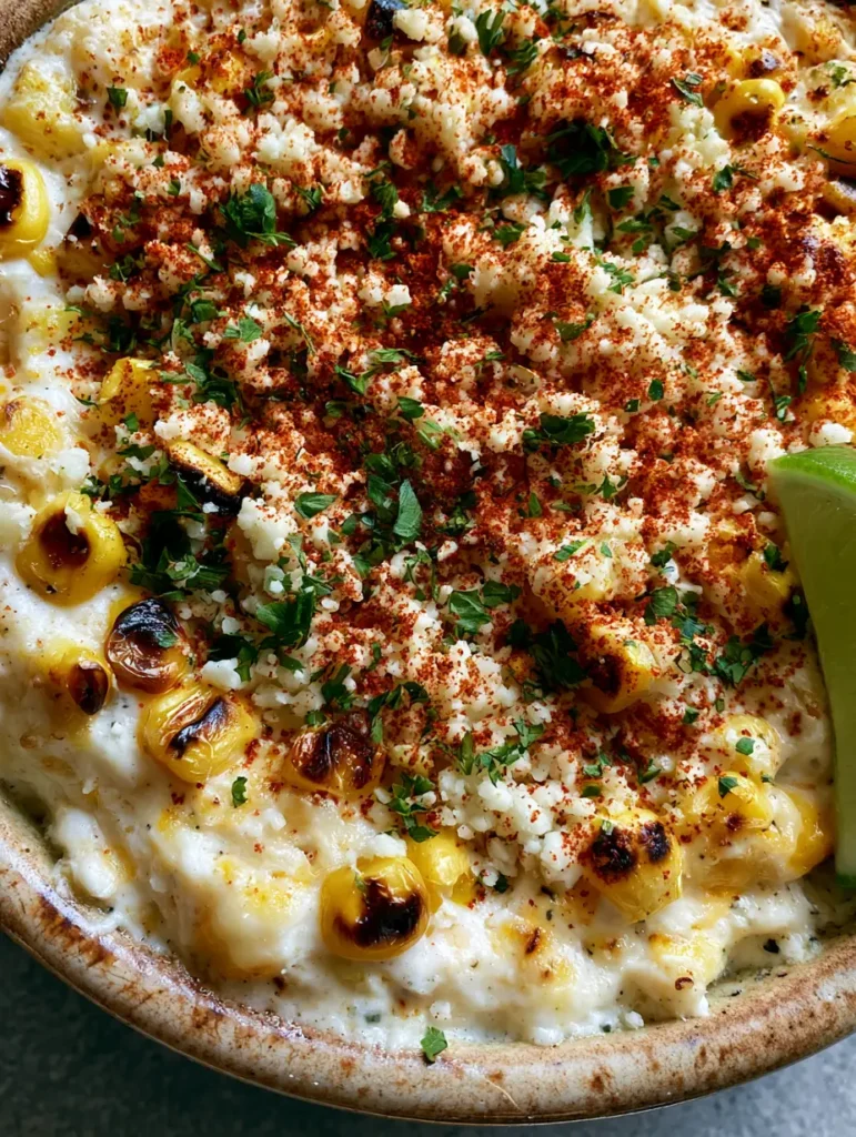 Mexican Street Corn Dip: The Ultimate Creamy & Charred Elote Appetizer 1 A close-up of the Mexican Street Corn Dip surface with cotija cheese, cilantro flakes, and red chili powder dusting.