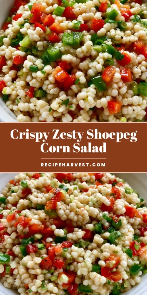 A tall Pinterest-style image showing a glossy Shoepeg Corn Salad with white kernels, red and green peppers in a white bowl.
