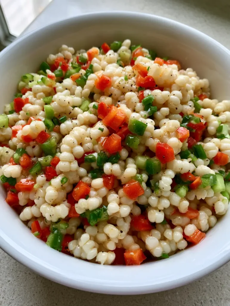 A wide white ceramic serving bowl filled with Shoepeg Corn Salad featuring firm white kernels and precision-diced peppers.