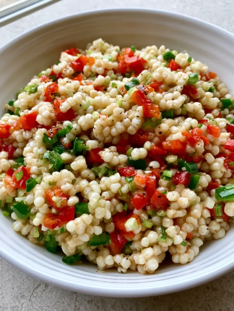 Close-up of Shoepeg Corn Salad showing the translucent glossy dressing and cracked black pepper specks.