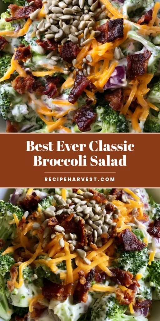 A close-up shot of Classic Broccoli Salad featuring raw green broccoli florets, crispy bacon, and sharp orange cheddar in a white bowl.