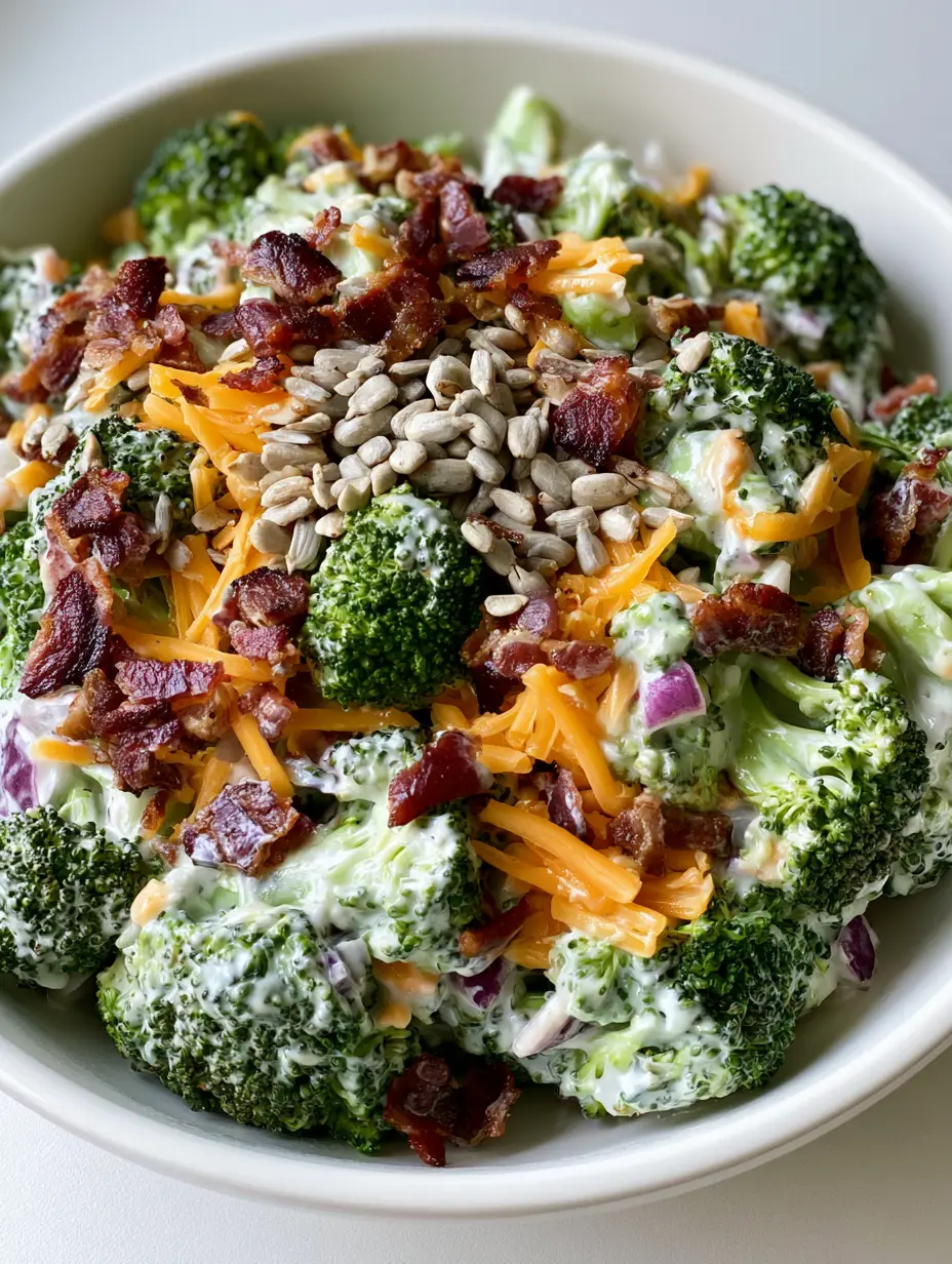 Detailed close-up of raw broccoli florets coated in creamy white dressing for a Classic Broccoli Salad.
