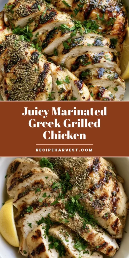 Top-down shot of sliced Greek Grilled Chicken with char marks, oregano, and parsley in a white bowl.
