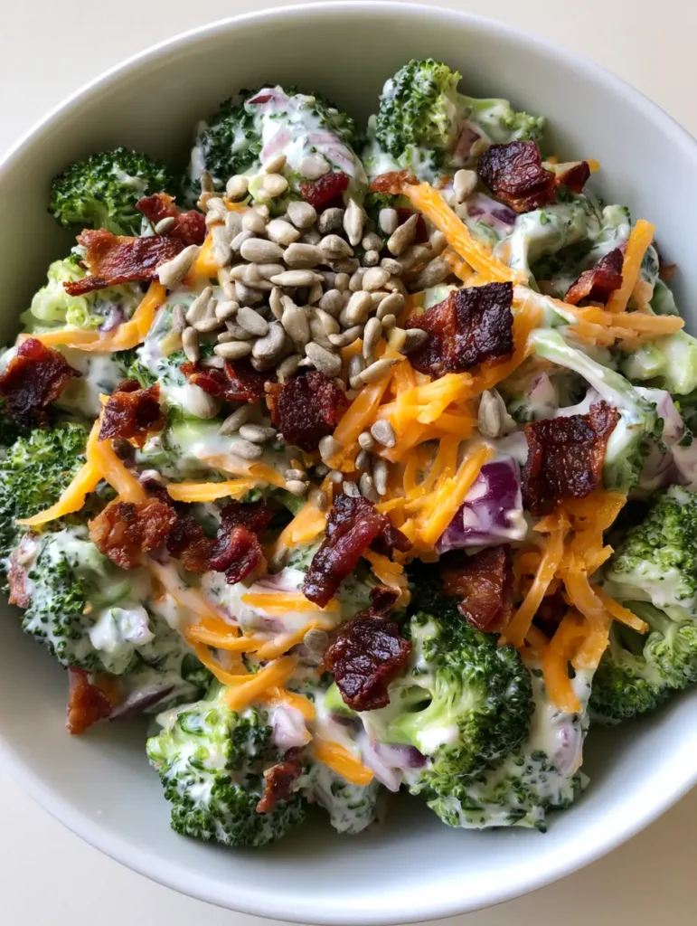 Classic Broccoli Salad showing shredded sharp orange cheddar and crispy dark-browned bacon bits.