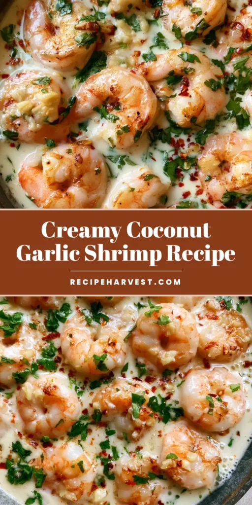 A rustic dark grey skillet filled with plump pink seared shrimp in a thick white coconut milk sauce, garnished with cilantro and red chili flakes. (Creamy Coconut Garlic Shrimp)