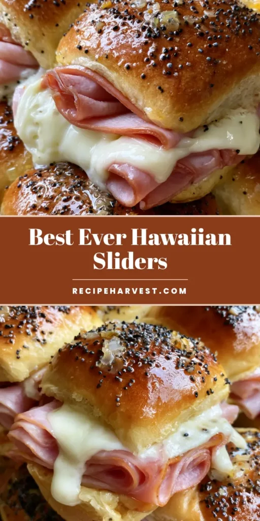 A close-up shot of golden brown Hawaiian Ham and Cheese Sliders with poppy seed glaze and melted Swiss cheese.