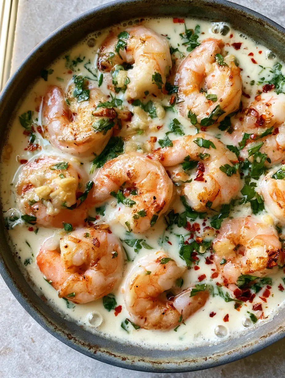 Close-up of seared pink shrimp with golden edges in a glossy white coconut garlic sauce with green cilantro flecks. (Creamy Coconut Garlic Shrimp)