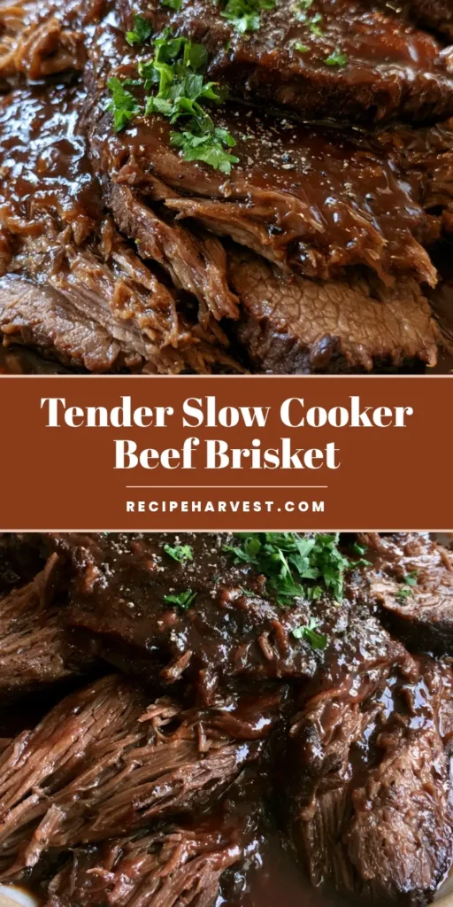 Thick slices of Slow Cooker Beef Brisket on a platter with mahogany gravy and green parsley garnish.