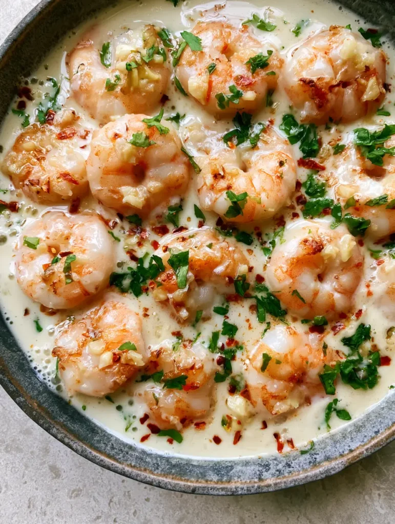 Top-down view of Creamy Coconut Garlic Shrimp in a grey skillet on a light stone countertop.