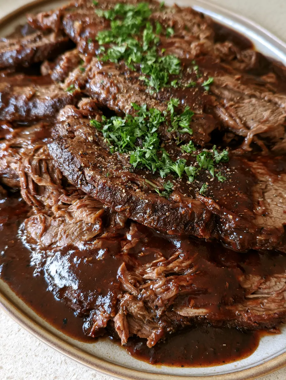 Close-up of Slow Cooker Beef Brisket fibers and glistening mahogany sauce.