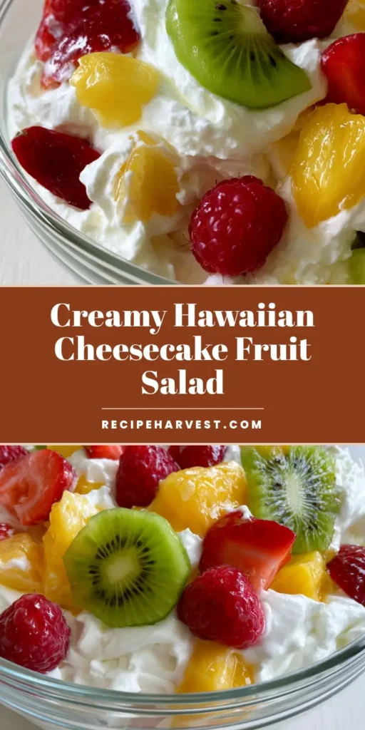 Hawaiian Cheesecake Salad: The Ultimate Tropical Creamy Dessert 4 A close-up vertical shot of Hawaiian Cheesecake Salad in a clear glass bowl, featuring thick whipped cream, bright green kiwi, and red strawberries.