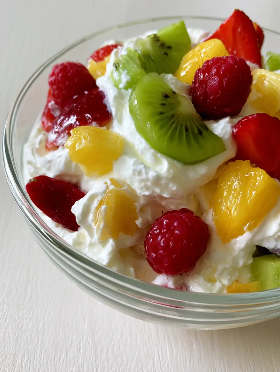 Hawaiian Cheesecake Salad: The Ultimate Tropical Creamy Dessert 3 Wide shot of Hawaiian Cheesecake Salad in a clear glass bowl on a wooden table, showing glossy fruit and aerated white base. (Hawaiian Cheesecake Salad)