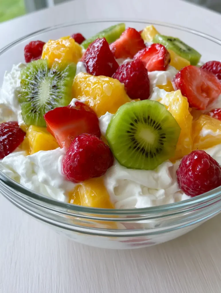 Hawaiian Cheesecake Salad: The Ultimate Tropical Creamy Dessert 1 A top-down view of the Hawaiian Cheesecake Salad highlighting whole raspberries and sliced kiwi coated in fluffy cream cheese mixture.