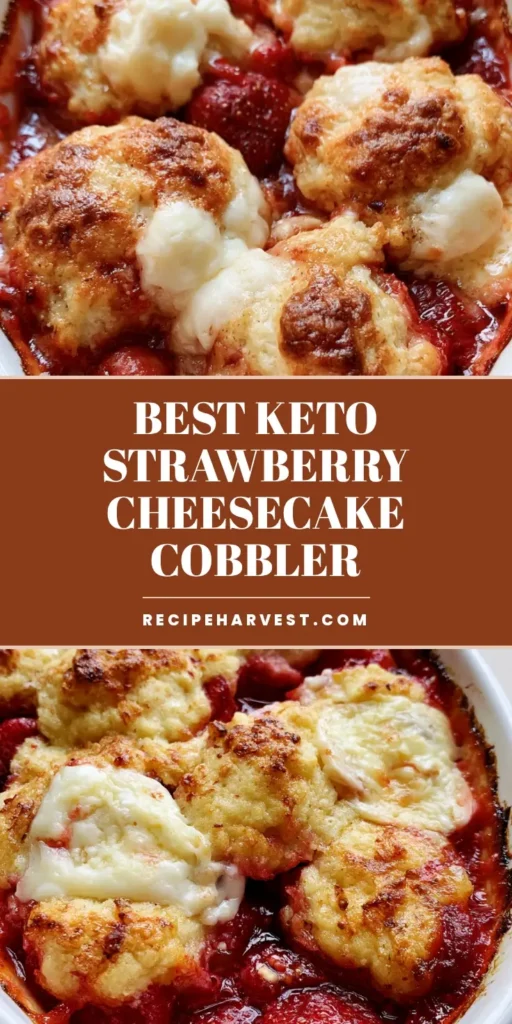 Keto Strawberry Cream Cheese Cobbler: The Ultimate Low-Carb Summer Dessert 3 A handheld smartphone photo of a Keto Strawberry Cream Cheese Cobbler in a white ceramic oval dish, featuring bubbly red syrup and golden biscuits with cream cheese dollops.