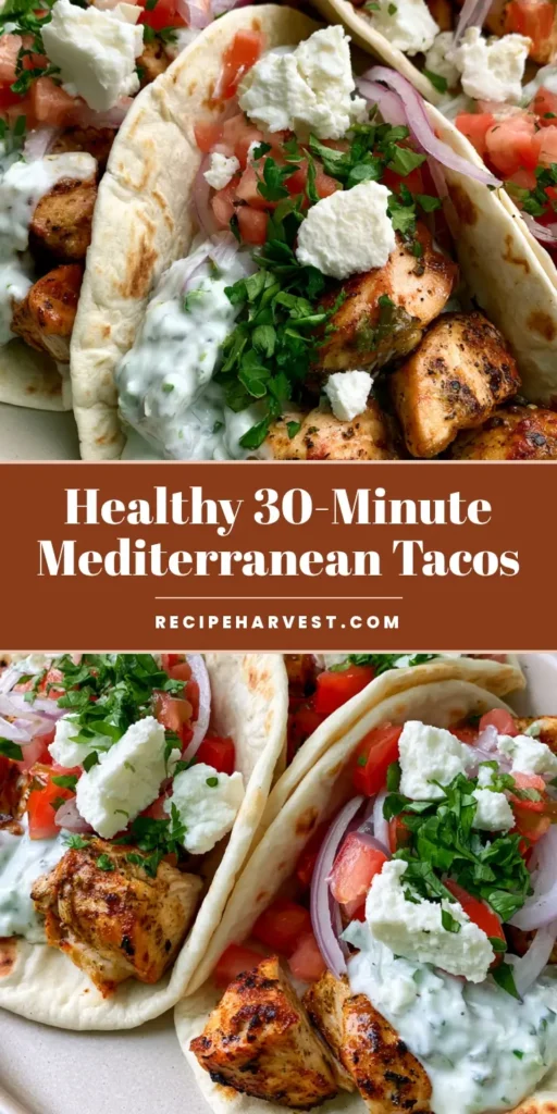 Mediterranean Chicken Tacos with Creamy Tzatziki and Feta 4 A close up of three Mediterranean Chicken Tacos on a white plate featuring seared chicken, white tzatziki, and feta.