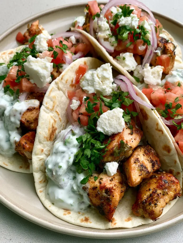 A handheld smartphone photo of three Mediterranean Chicken Tacos with toasted tortillas and fresh parsley.