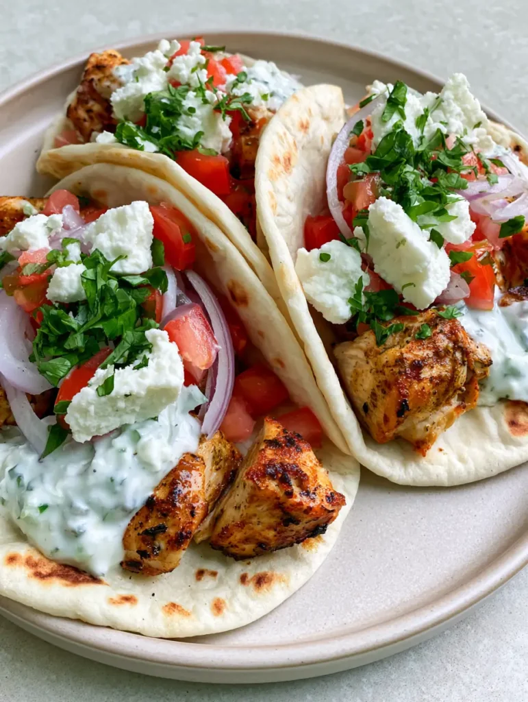 Mediterranean Chicken Tacos with Creamy Tzatziki and Feta 1 Close up of seared chicken chunks and thick tzatziki sauce inside a Mediterranean Chicken Taco.