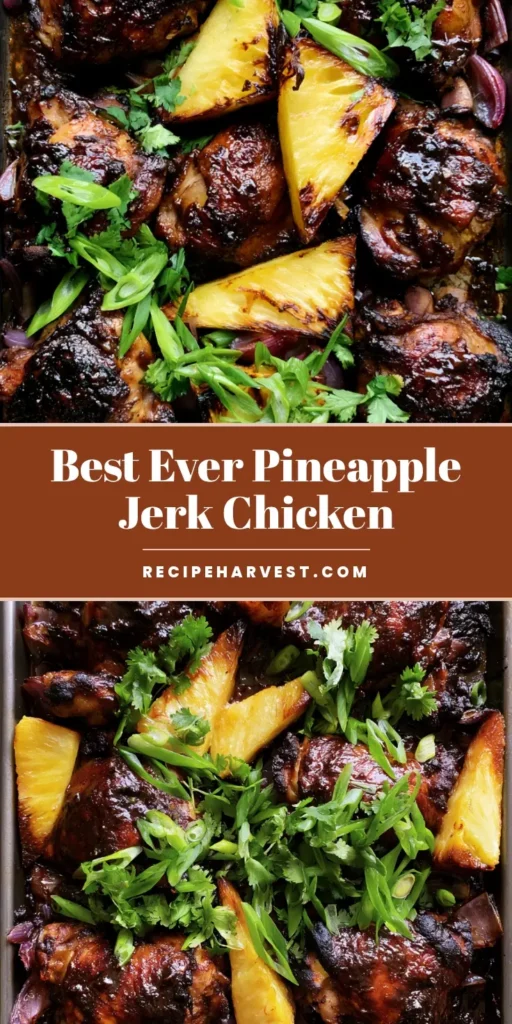 A top-down shot of Jamaican Pineapple Jerk Chicken on a dark tray with charred chicken thighs and caramelized pineapple chunks.