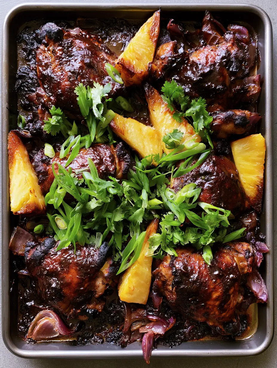 Close up of sticky mahogany jerk glaze on bone-in chicken thighs with roasted red onions. (Jamaican Pineapple Jerk Chicken)
