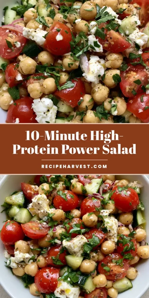 Mediterranean Chickpea Salad: The Ultimate 10-Minute Refreshing Protein Bowl 4 A vibrant top-down view of a Mediterranean Chickpea Salad in a white bowl featuring matte chickpeas, red cherry tomatoes, and green cucumbers.