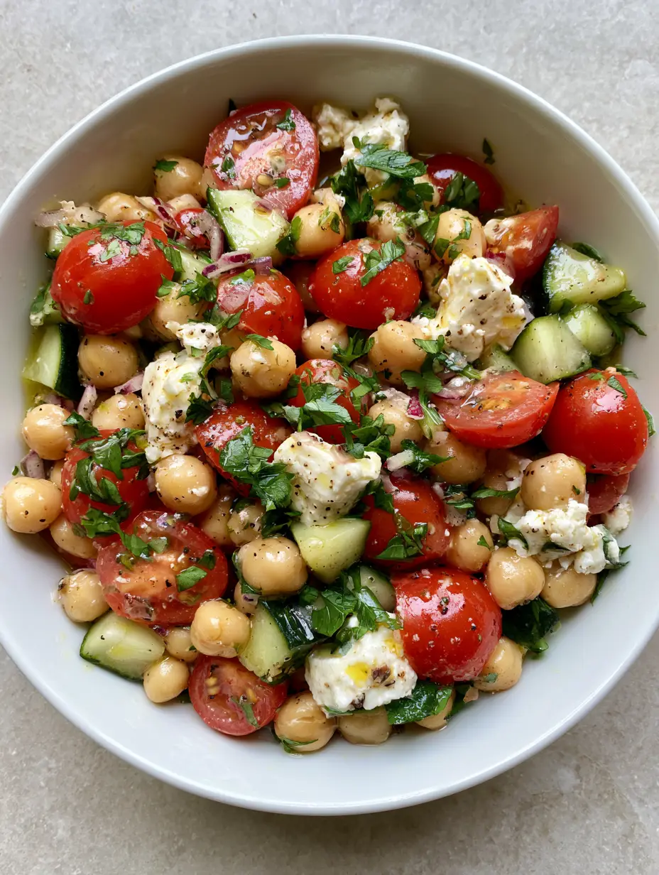 Mediterranean Chickpea Salad: The Ultimate 10-Minute Refreshing Protein Bowl 3 A close-up handheld shot of a fresh Mediterranean Chickpea Salad with glistening lemon dressing and cracked black pepper.
