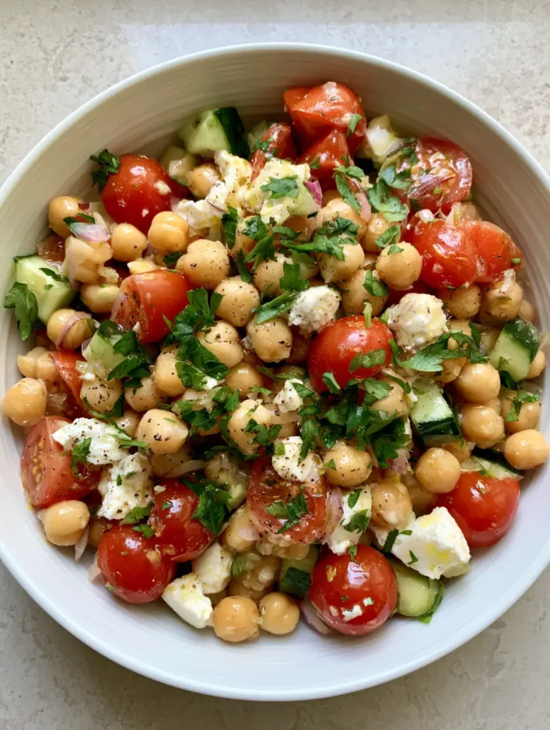 Mediterranean Chickpea Salad: The Ultimate 10-Minute Refreshing Protein Bowl 1 Overhead view of a Mediterranean Chickpea Salad showcasing diced cucumbers, feta cheese, and red onions in a white ceramic bowl.