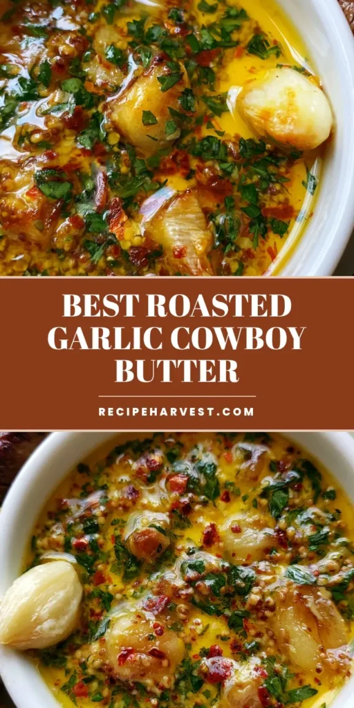 A top-down Pinterest pin showing a white bowl of golden Roasted Garlic Cowboy Butter with fresh parsley and red chili flakes next to a sliced seared steak.