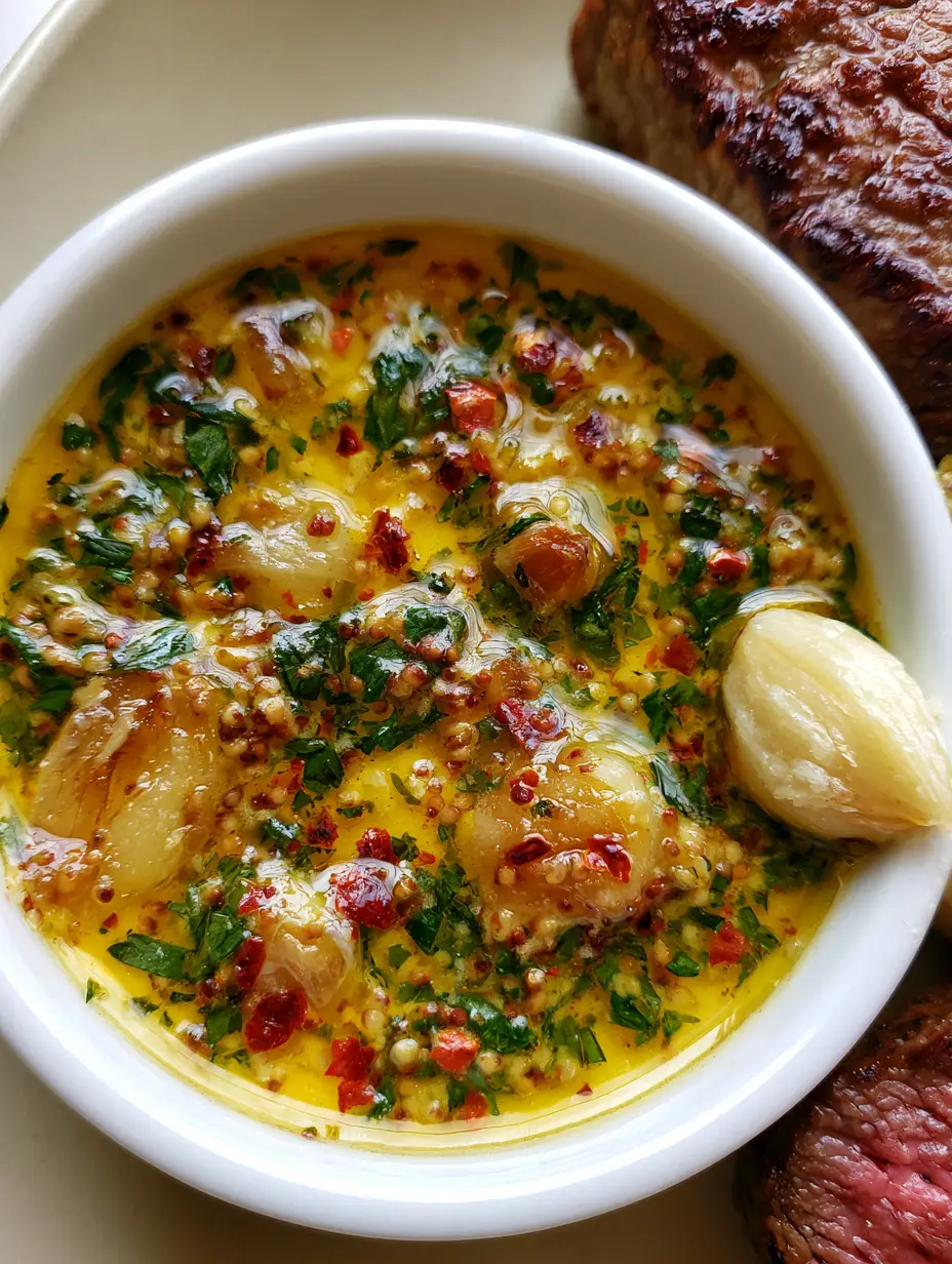 Close-up of a ramekin filled with melted Roasted Garlic Cowboy Butter showing visible chunks of garlic and grainy mustard.