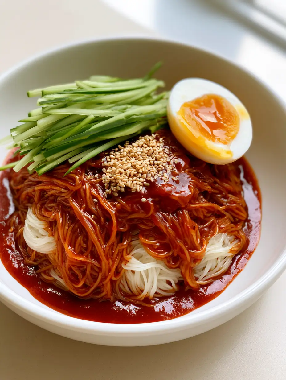 Overhead shot of Bibim Guksu in a white bowl showing the vibrant crimson gochujang sauce and fresh cucumber toppings.