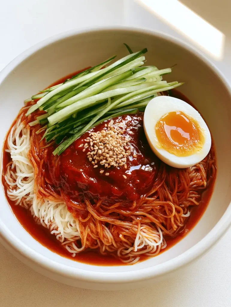 Handheld photo of Korean cold noodles (Bibim Guksu) with a perfectly halved jammy egg and toasted sesame seeds.