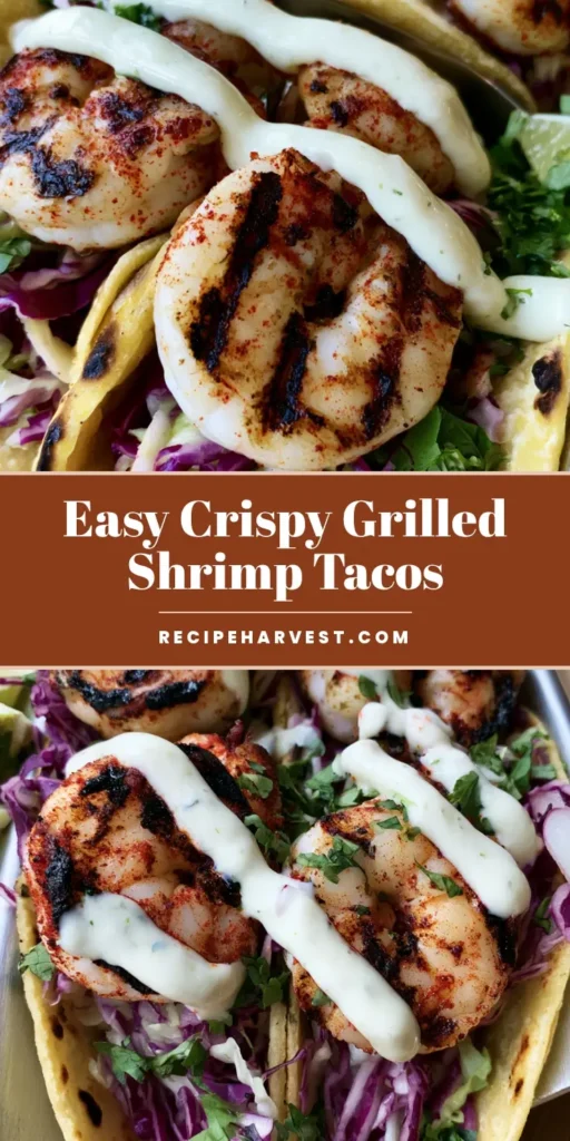 Grilled Shrimp Tacos with Zesty Lime Crema and Crunchy Cabbage Slaw 4 A handheld smartphone photo of three Grilled Shrimp Tacos in a metal holder with charred tortillas, cabbage slaw, and lime crema drizzle.