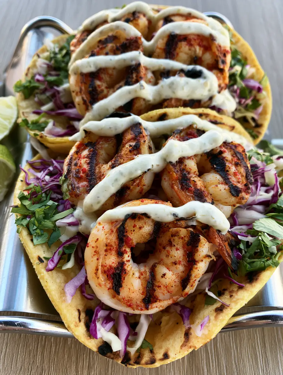 Grilled Shrimp Tacos with Zesty Lime Crema and Crunchy Cabbage Slaw 3 Close up of Grilled Shrimp Tacos showing succulent shrimp with dark sear marks and red chili seasoning.