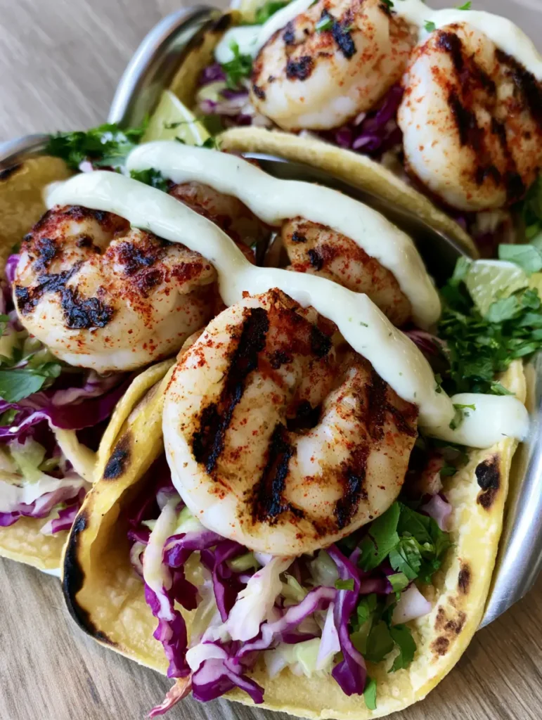 Grilled Shrimp Tacos with Zesty Lime Crema and Crunchy Cabbage Slaw 1 Three Grilled Shrimp Tacos nestled in a silver holder on a wooden table with fresh lime wedges.