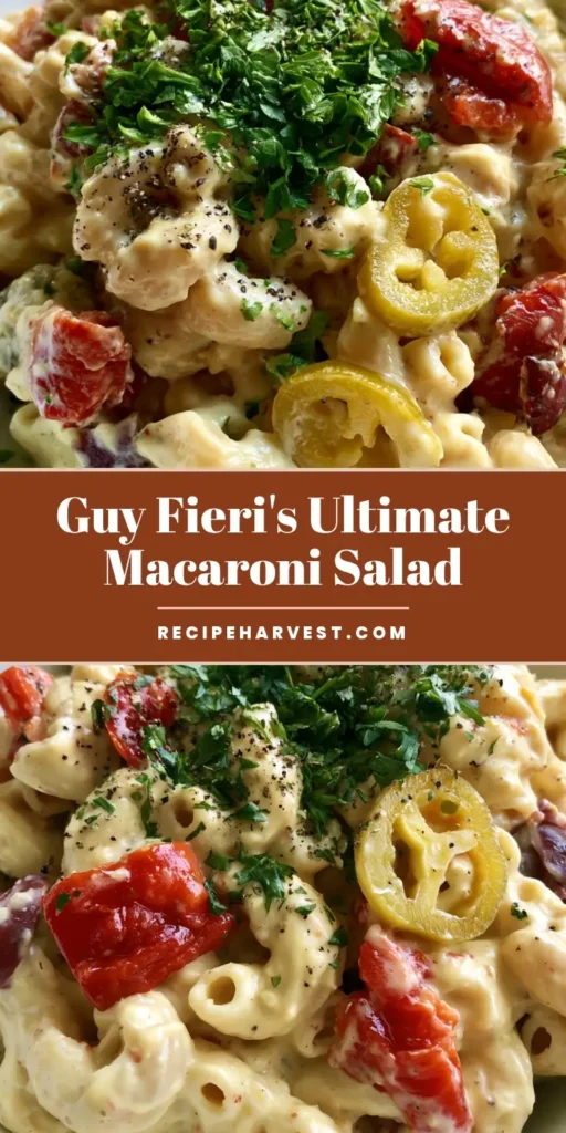 A tall, vertical shot of Guy Fieri Macaroni Salad in a white bowl showing the creamy yellow dressing and vibrant red peppers.