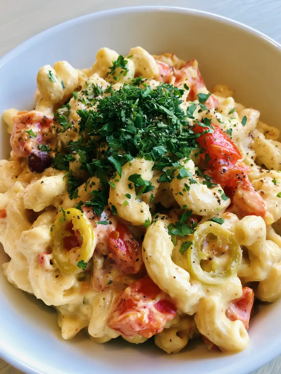 Top-down handheld photo of Mac-Daddi-Roni salad with elbow macaroni and thick garlic mustard dressing. (Guy Fieri Macaroni Salad)
