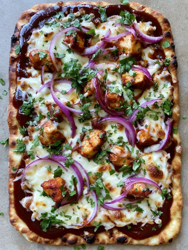 Full rectangular BBQ Chicken Flatbread on a stone surface garnished with fresh green cilantro and purple red onions.