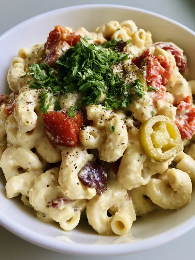 Close up of the pepperoncini and peppadew mix-ins in the Guy Fieri Macaroni Salad.