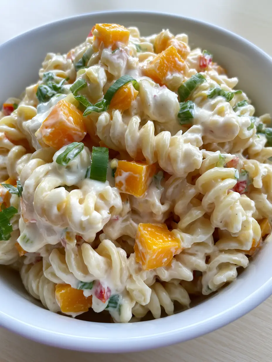 Cheddar Pasta Salad with Creamy Sour Cream Dressing 4 Close up view of Cheddar Pasta Salad with rotini and sharp orange cheddar cubes in a white ceramic bowl.