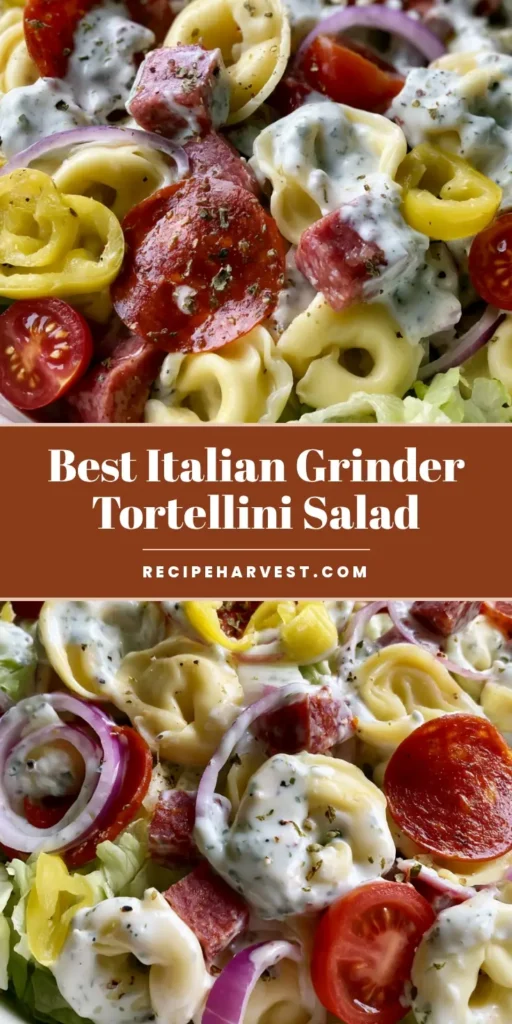 Italian Grinder Tortellini Salad: The Ultimate Creamy Pasta Salad Recipe 4 A large white bowl of Italian Grinder Tortellini Salad featuring plump pasta, salami cubes, and red cherry tomatoes. (Italian Grinder Tortellini Salad)