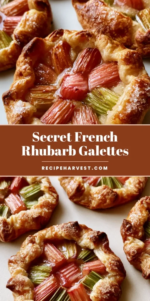 A close-up of a rustic Rhubarb Galette with glistening pink and green rhubarb stalks and a golden-brown flaky pastry crust coated in sparkling sugar crystals.