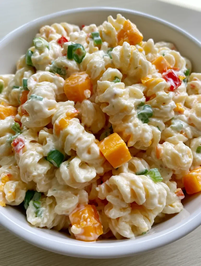 Cheddar Pasta Salad with Creamy Sour Cream Dressing 1 Top down handheld photo of Cheddar Pasta Salad showing green onions and red pimento highlights.