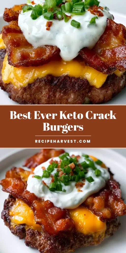 A handheld smartphone photo of Keto Crack Burgers featuring a thick beef patty, melted cheddar, crispy bacon strips, and creamy ranch dressing on a white plate.