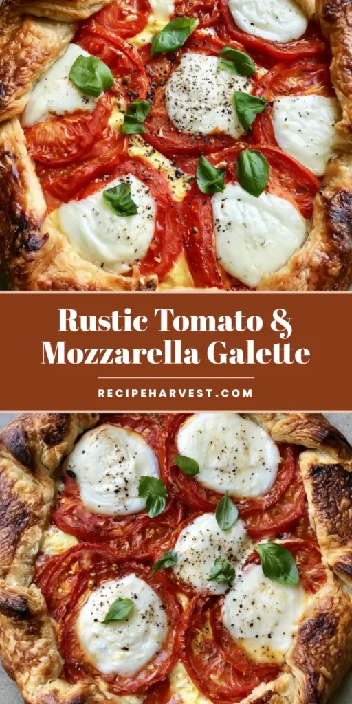Caprese Galette: The Ultimate Flaky Savory Tomato Tart 4 A rustic Caprese Galette featuring a hand-folded flaky pastry crust with ripe red tomatoes, melted mozzarella rounds, and fresh basil on a gray stone surface.