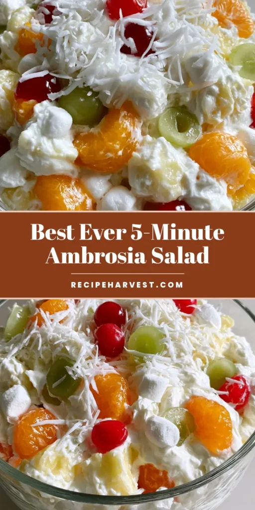Ambrosia Fruit Salad: The Ultimate Creamy Retro Dessert 3 A tall glass bowl featuring a thick and creamy Ambrosia Fruit Salad with bright orange mandarins and vibrant red cherries.