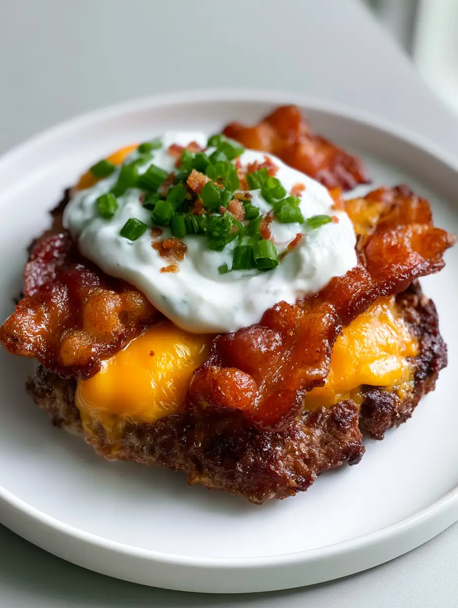 Close up view of a Keto Crack Burger with glistening bacon strips and a generous drizzle of white ranch dressing.