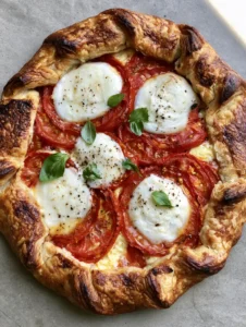 Overhead view of a savory Caprese Galette with visible flaky layers in the crust and overlapping tomato and mozzarella slices.