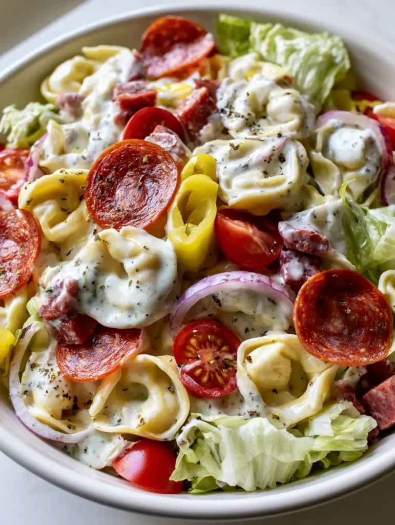 Italian Grinder Tortellini Salad: The Ultimate Creamy Pasta Salad Recipe 1 Overhead view of Italian Grinder Tortellini Salad showing pepperoni slices and yellow banana peppers.