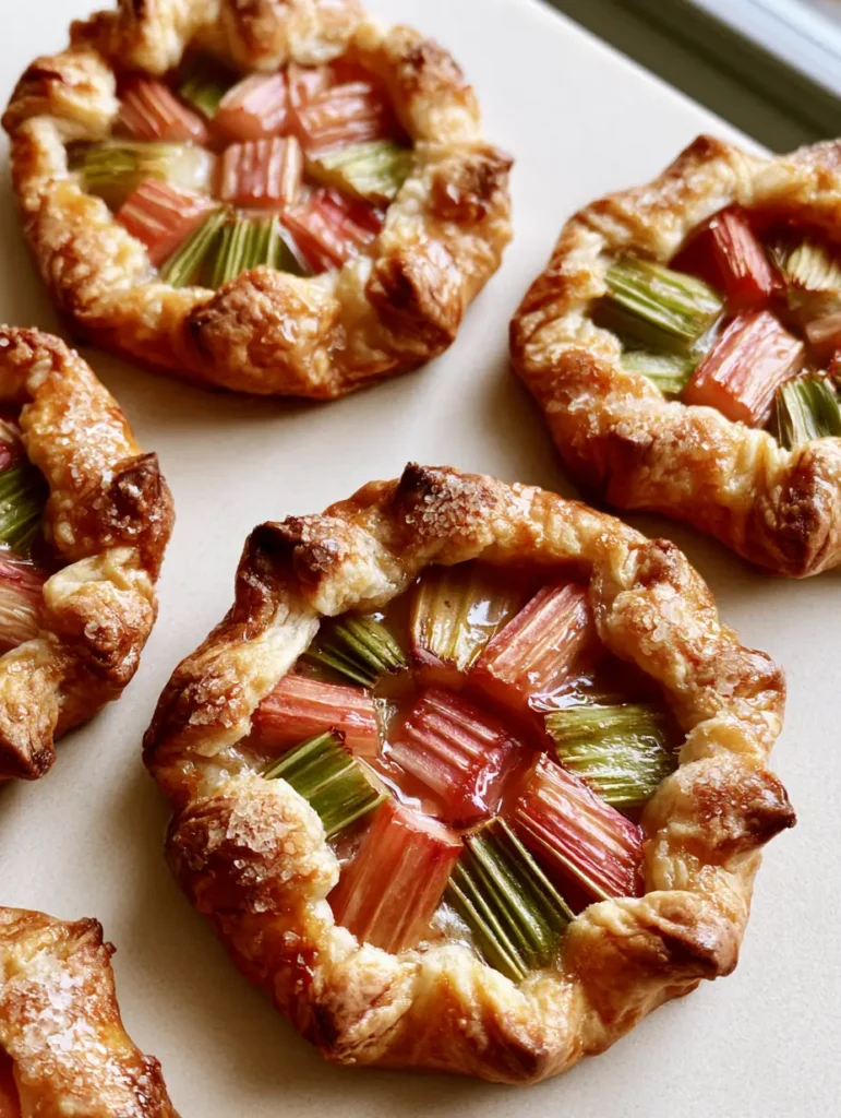 Rustic mini rhubarb galettes featuring golden-brown crusts and glistening sliced rhubarb centers in natural daylight.