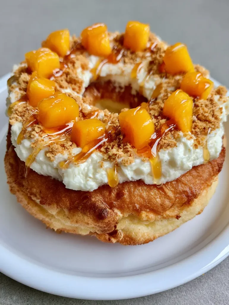 Handheld photo of a Peach Cobbler Cheesecake Donut on a white plate with visible fried texture and honey drizzle.