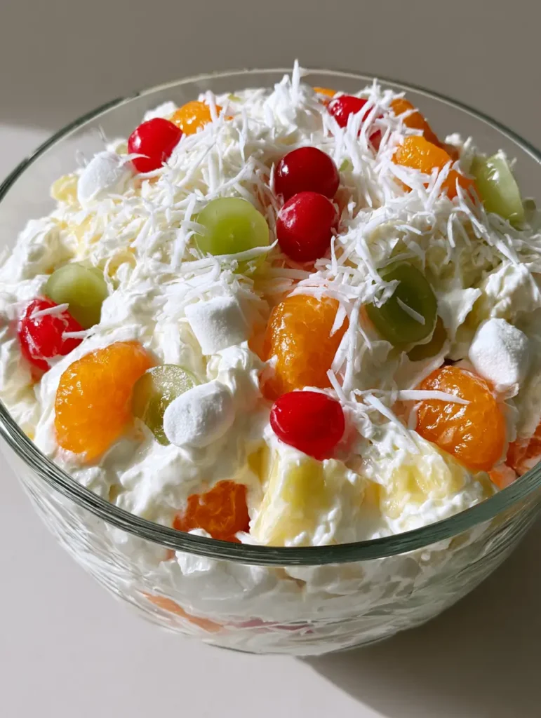 Ambrosia Fruit Salad: The Ultimate Creamy Retro Dessert 2 Top view of a clear glass bowl filled with Ambrosia Fruit Salad, showing textures of shredded coconut and mini marshmallows.